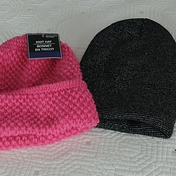 Set of two knit Hats Adult.  Pink Hat & Black Hat - Picture 1 of 11